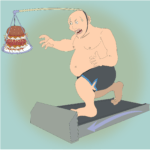 fat guy running on a tread mill trying to get to a piece of cake