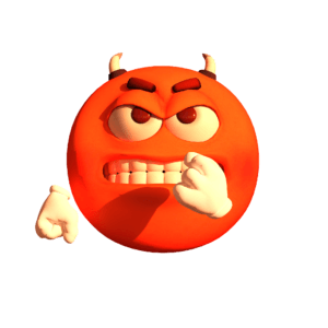 Red emoji devil with an aggravated face and his fist out