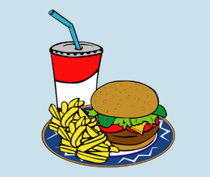 cartoon picture of fast food hamburger and fries with a soda
