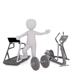 Fun little white character using exercise machines